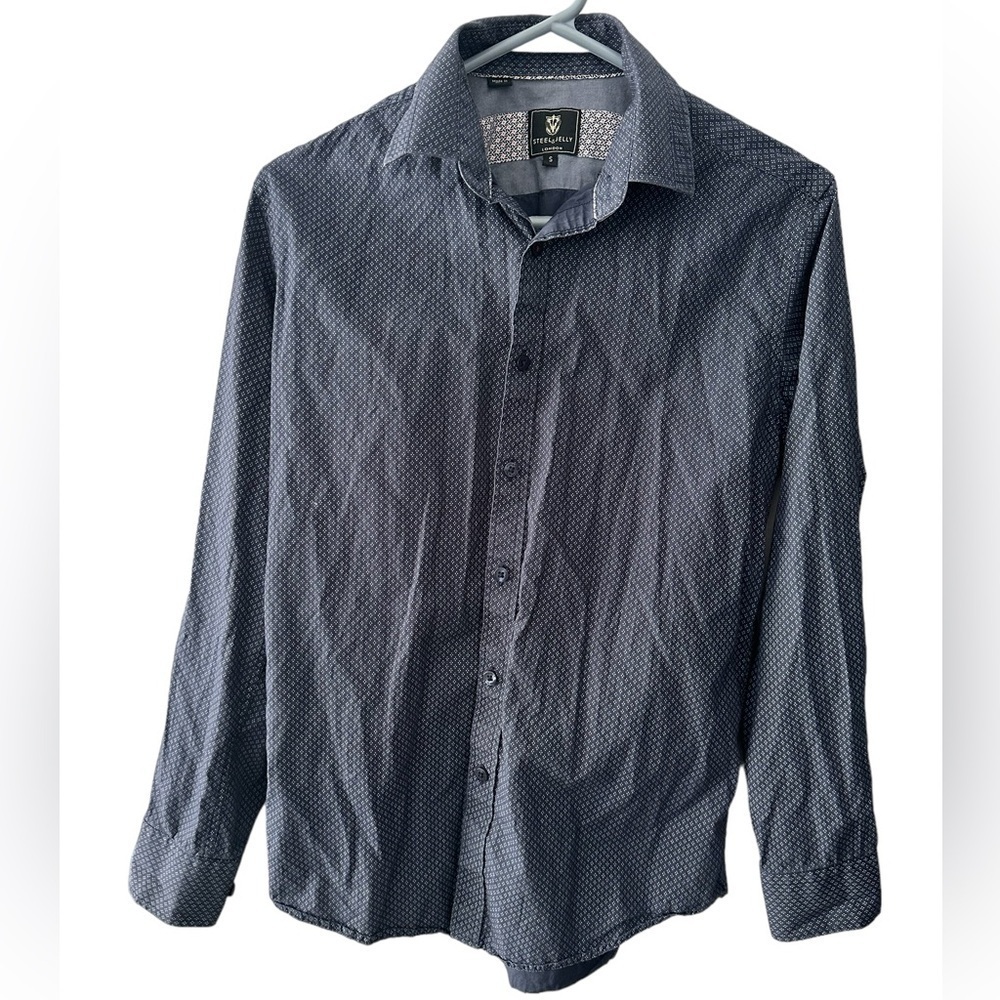 Steel & Jelly men's Small fitted button-down navy blue and polka dot print